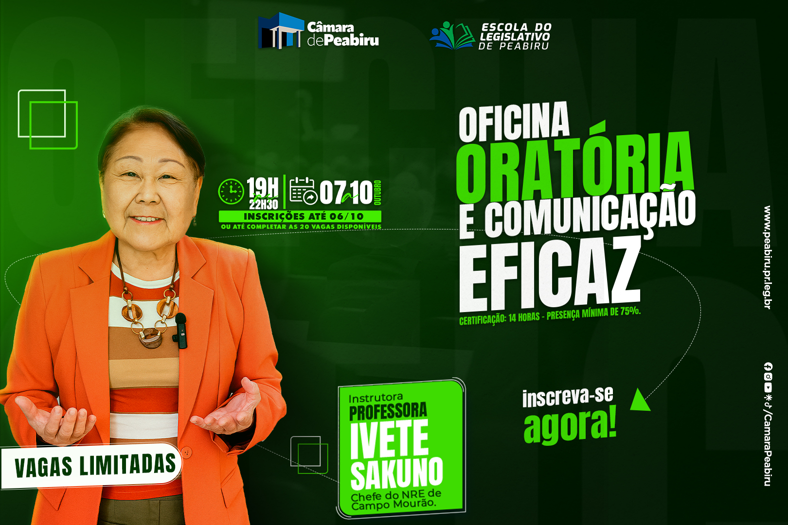 Oficina “Oratória e Comunicação Eficaz” será realizada na Câmara Municipal de Peabiru